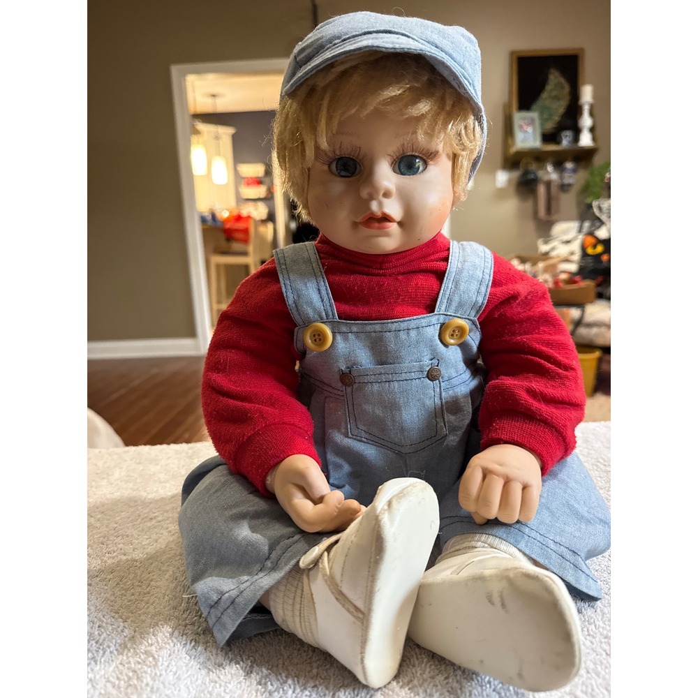 Vintage hard plastic Boy Doll Blonde Hair Blue Eyes Newsboy Cap Overalls 16.5"